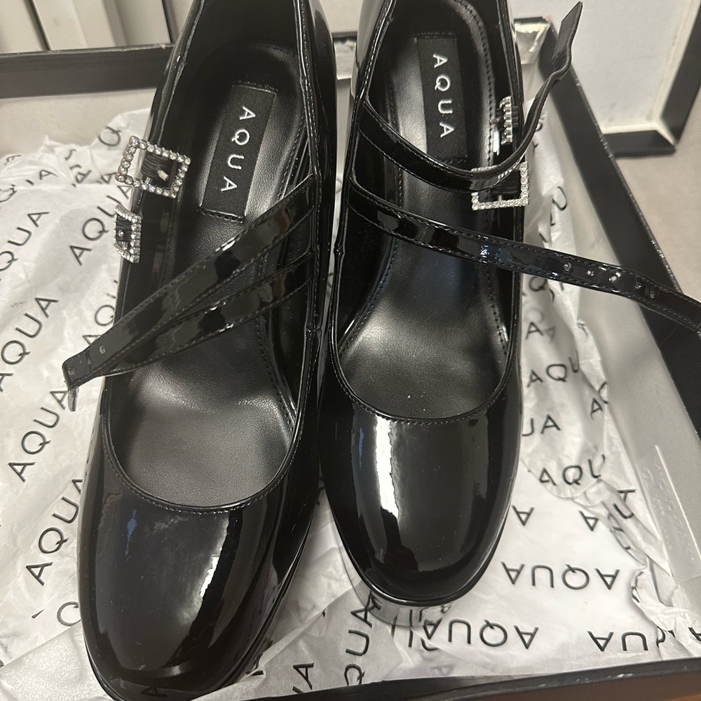 Aqua Black Patent Mary Jane Heels with Rhinestone Buckles